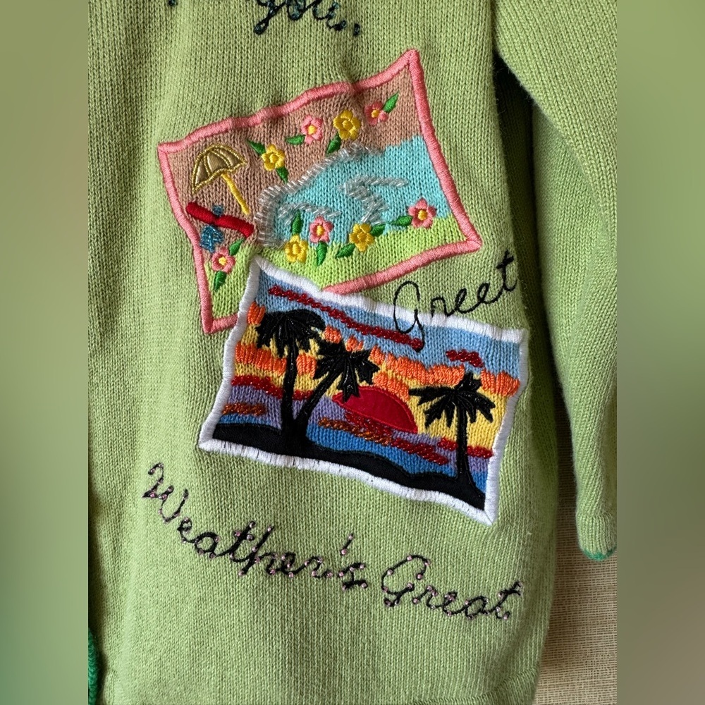 Super Rare Vintage Berek by Takako Sakon Travel Postcards Cardigan Large Green - Picture 3 of 5